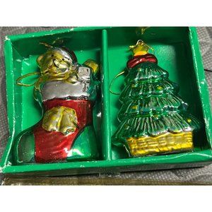 2 pc Springwater 3164 Christmas glass‎ ornaments Tree Stocking Vintage vtg BOX